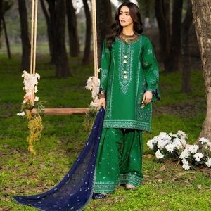 Elegant Green embroiderdWomen's suit 3 pc with Blue Accents
